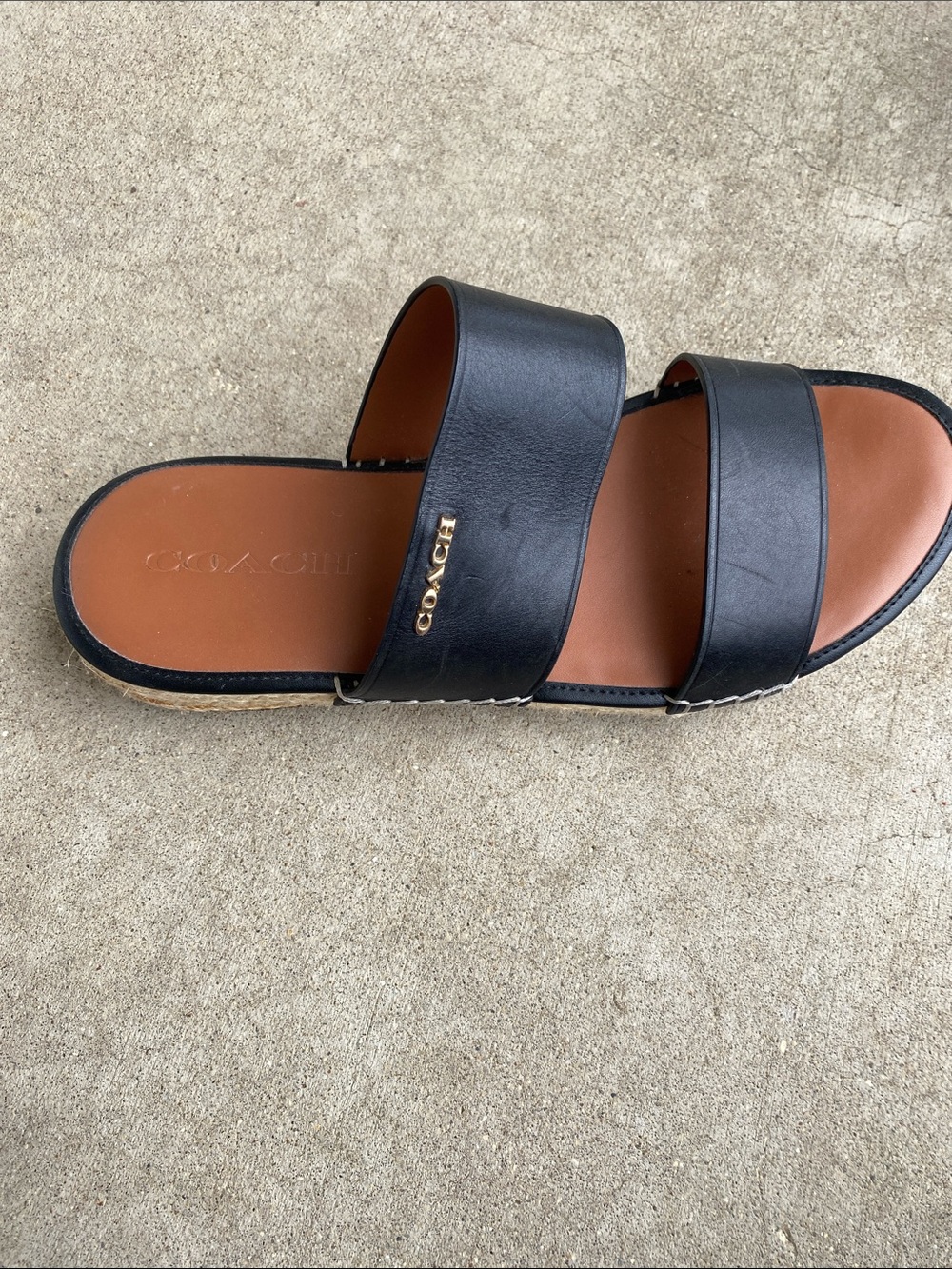 Coach Black Leather Double-Band Slide Sandals with Tan Footbed - Picture 2 of 13